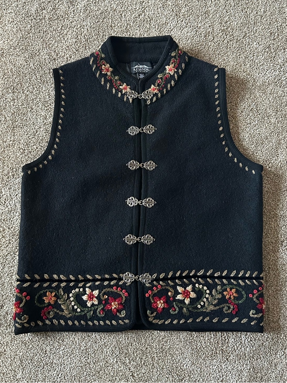 Vintage Icelandic Design Embroidered Black Wool Vest with Floral Trim
